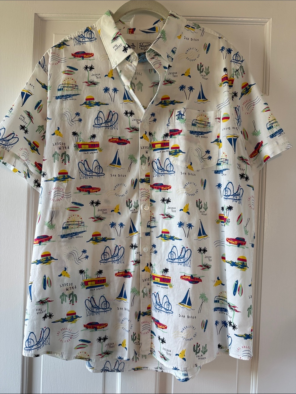 Penguin California Beach White Short-Sleeve Shirt Multicolor Print Cotton Men XL